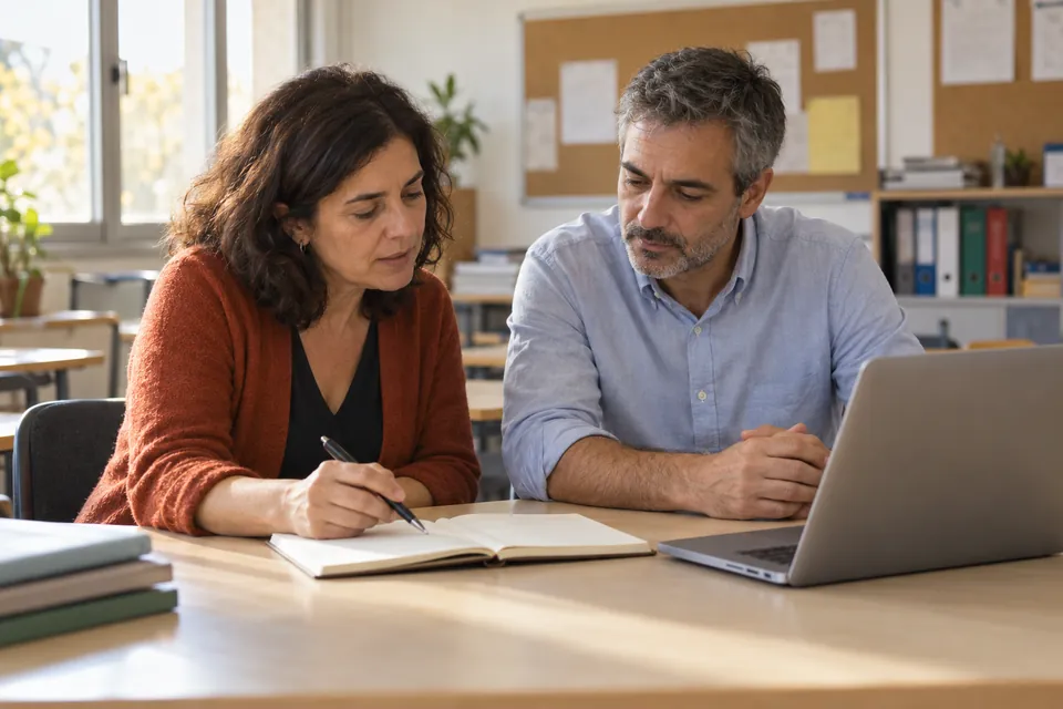 Dois professores a conversar sobre um caderno, com um portátil na mesa da sala de professores.